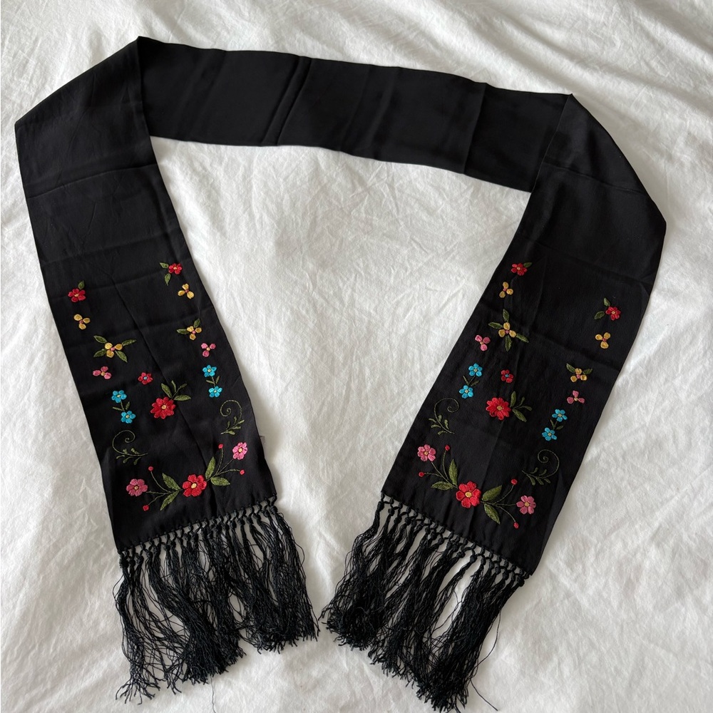 ECHO 100% Silk Black Embroidered Floral Scarf Long Knotted Fringe 75”